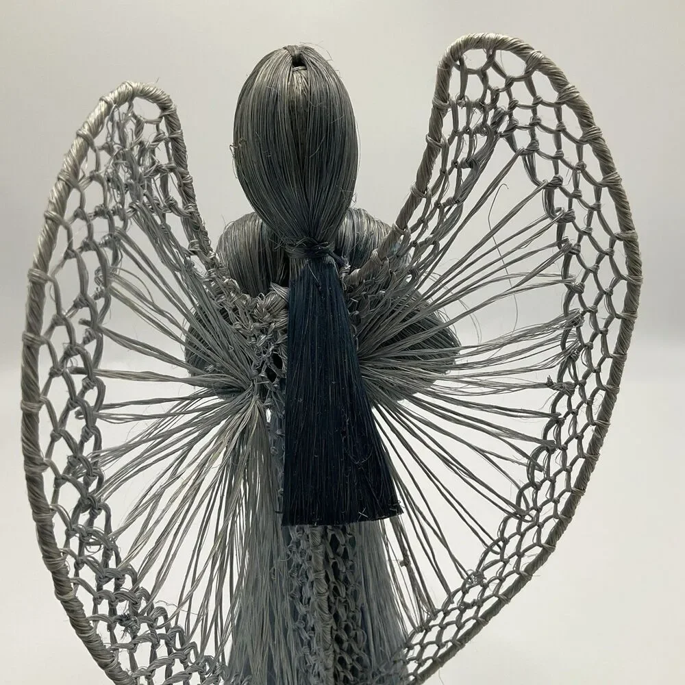 Vintage Handmade Blue Abaca Fiber Angel Christmas Tree Topper Signed 10